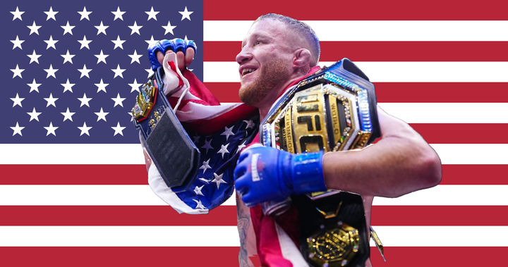 Justin Gaethje holding a UFC belt and an American flag, set on the Stars and Stripes, 3x5 ft