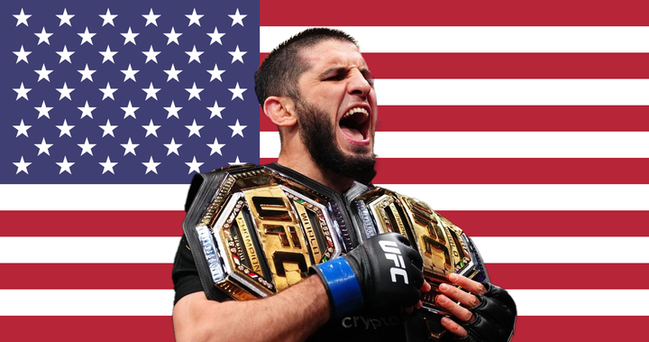 Islam Makhachev with two UFC belts on a classic American flag, 3x5 ft