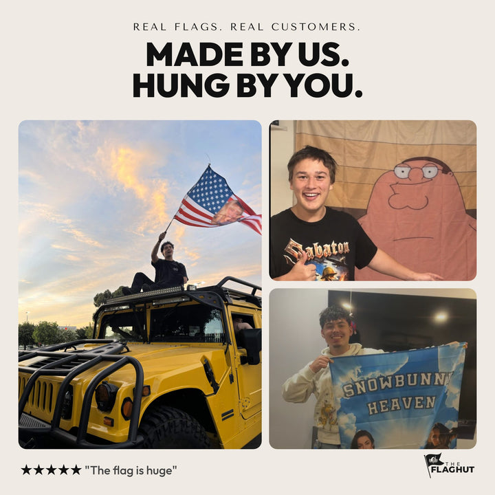 Real Flag Hut flags: a face flag waved from the roof of a yellow Hummer, a flag hung over a bed, a customer holding his flag