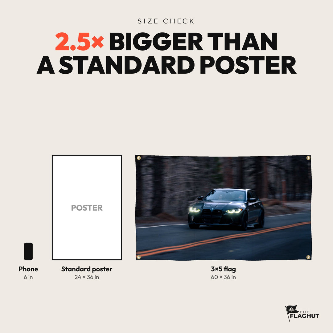 A 3x5 flag is 2.5 times bigger than a standard 24 by 36 poster