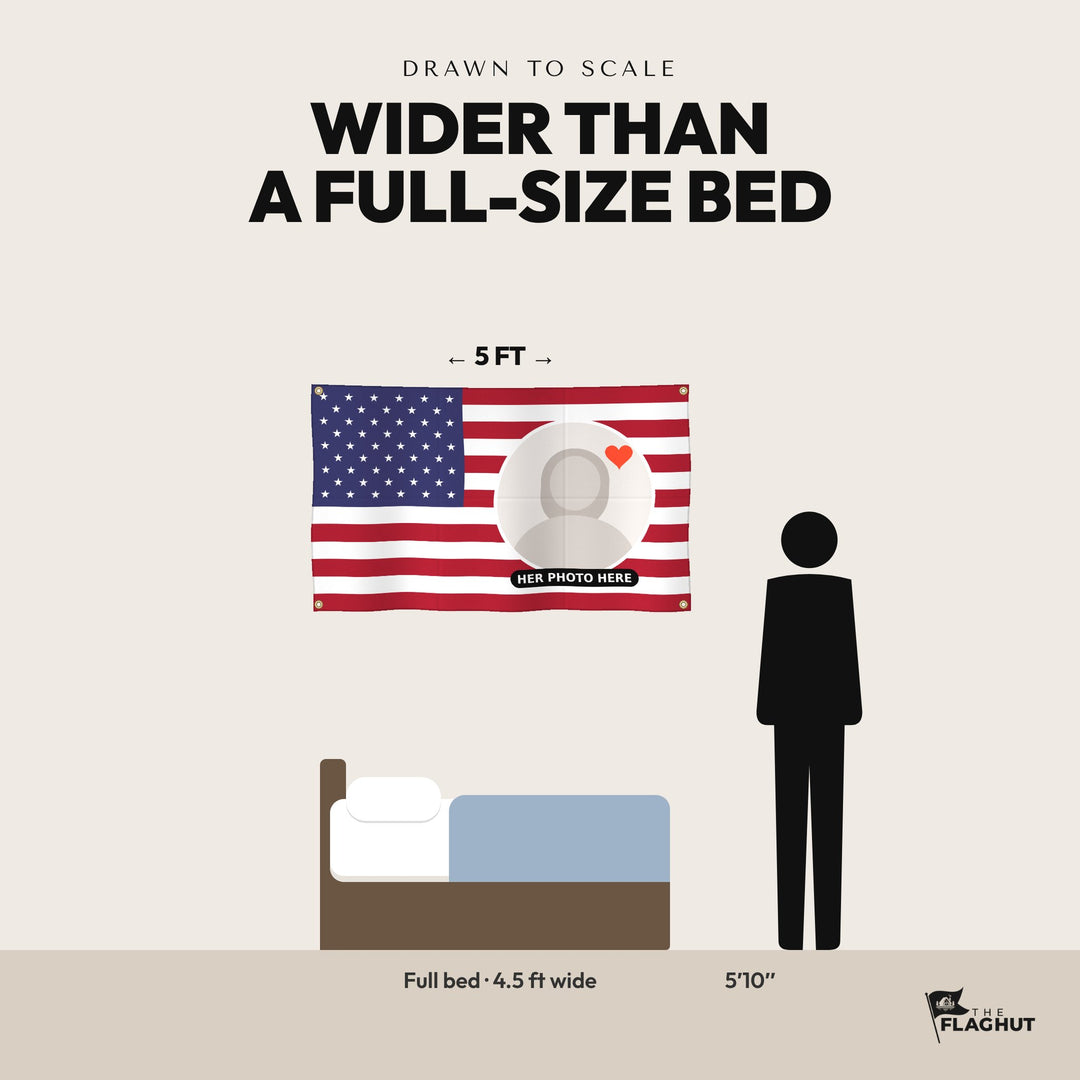 Drawn to scale: a 3x5 flag is wider than a full-size bed, shown next to a 5 ft 10 in person