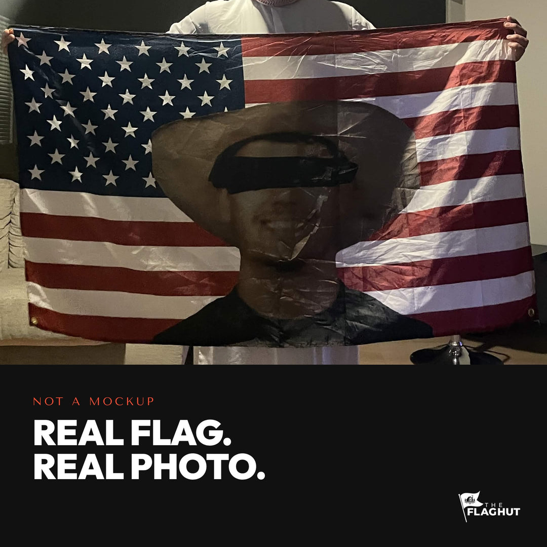 A real custom photo flag held up in a living room