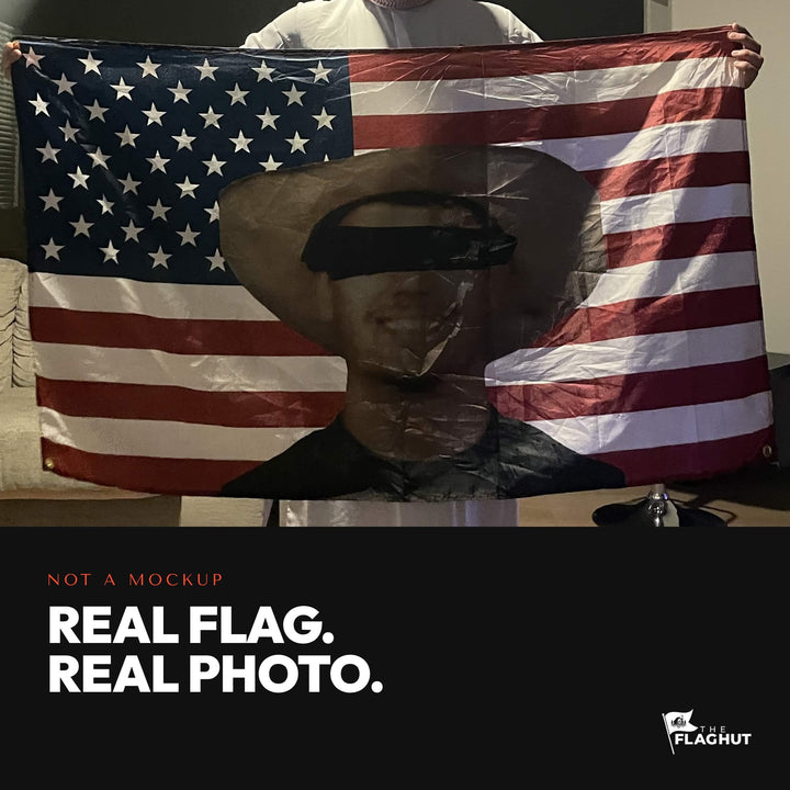 A real custom photo flag held up in a living room