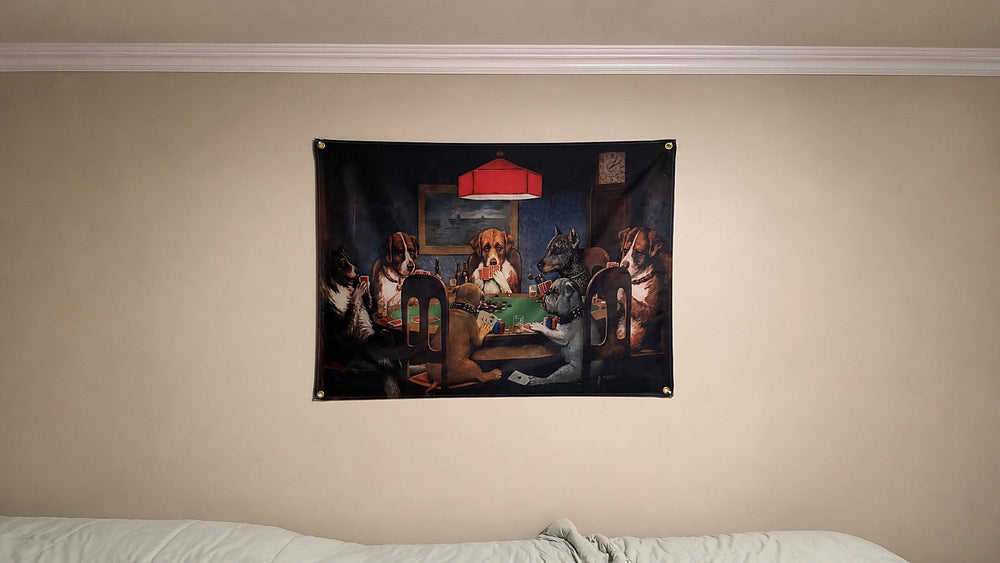 Dogs Playing Poker flag hanging above a bed with corner grommets