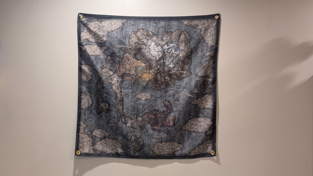 Elden Ring map flag hanging on a wall with corner grommets