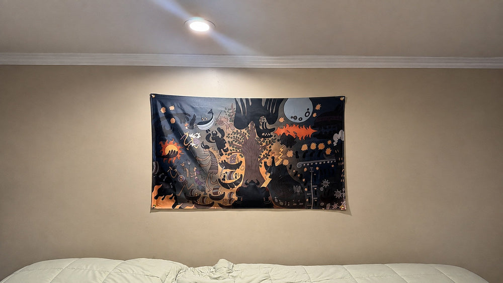 Harley mural flag hanging above a bed with corner grommets