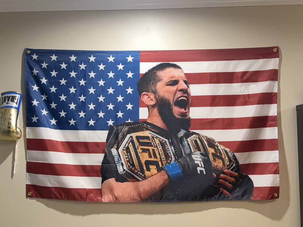 Islam Makhachev classic American flag hanging on a bedroom wall