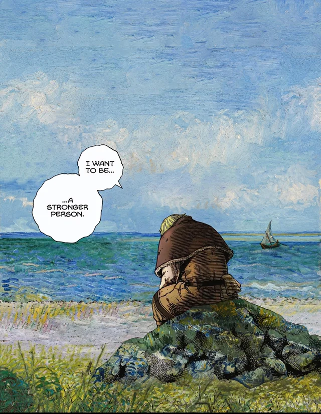 Thorfinn from Vinland Saga sitting on a rock by the sea in a painted style, saying I want to be a stronger person