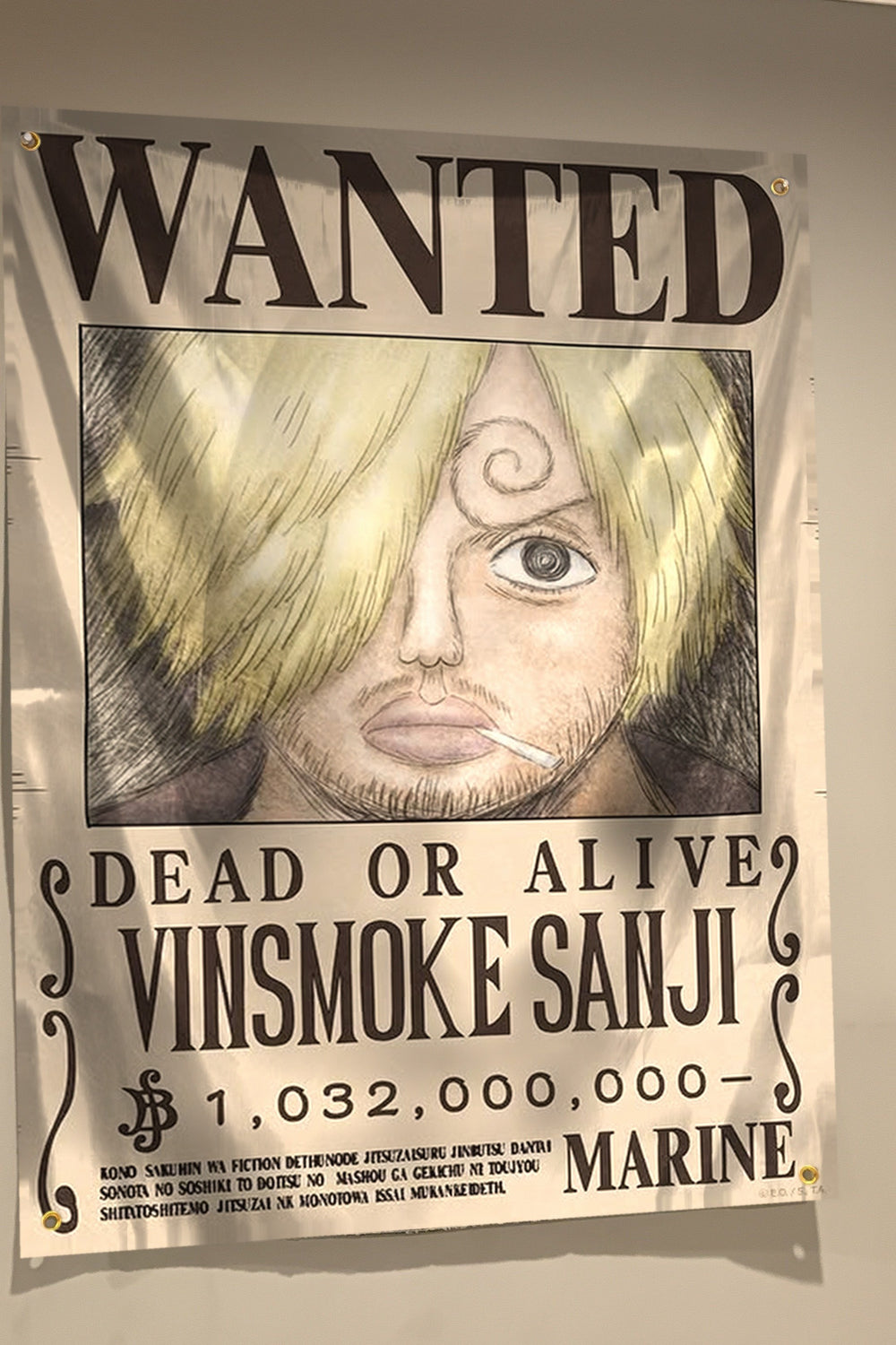 Sanji wanted poster flag hanging on a bedroom wall
