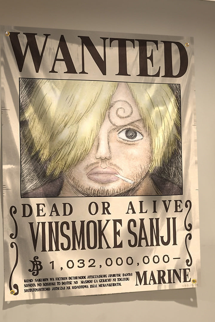 Sanji wanted poster flag hanging on a bedroom wall