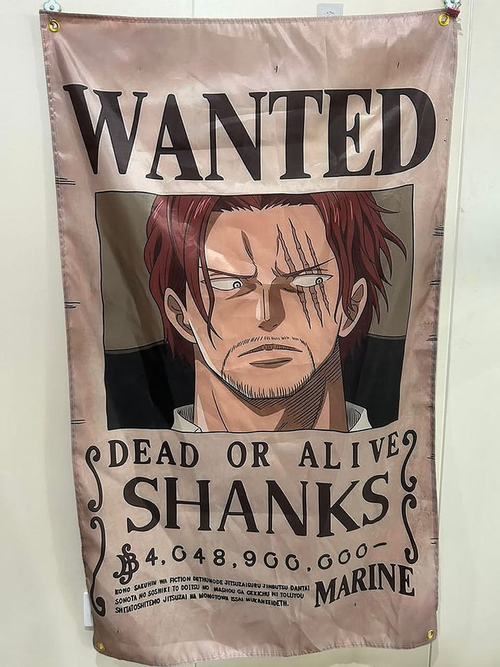 Shanks wanted poster flag hanging on a wall with corner grommets