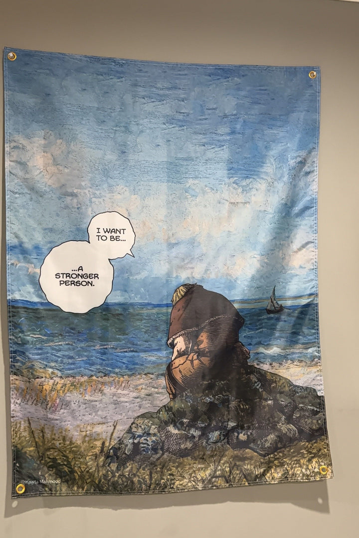 Thorfinn I want to be a stronger person flag hanging on a bedroom wall